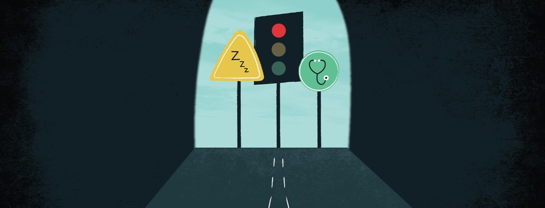 a caution sign with Zs on it, a red traffic light, and a green sign with a stethoscope on it at the end of a dark tunnel