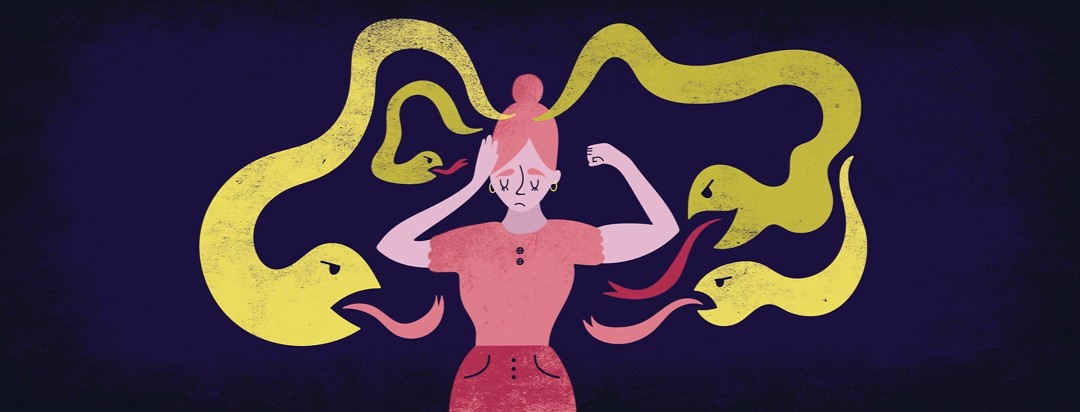 a woman with narcolepsy holding her head and flexing an arm with snakes surrounding her coming from her head