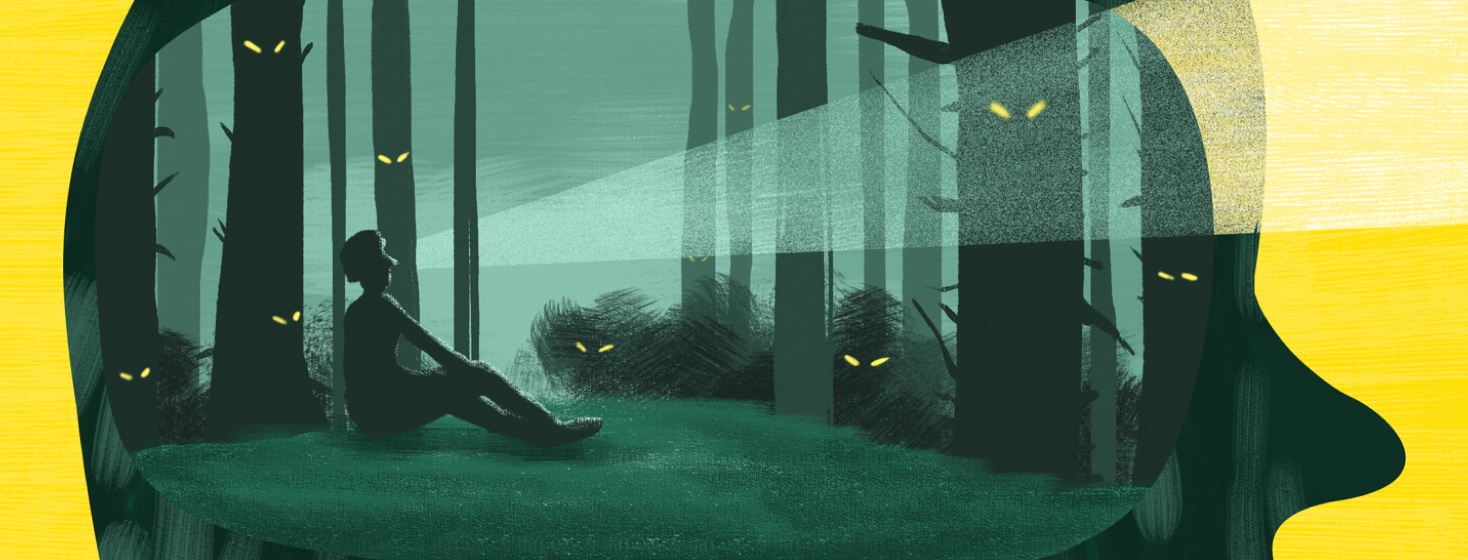 a person with narcolepsy sitting inside their own head surrounded by a dark forest and glowing eyes but seeing through it all to a bright light