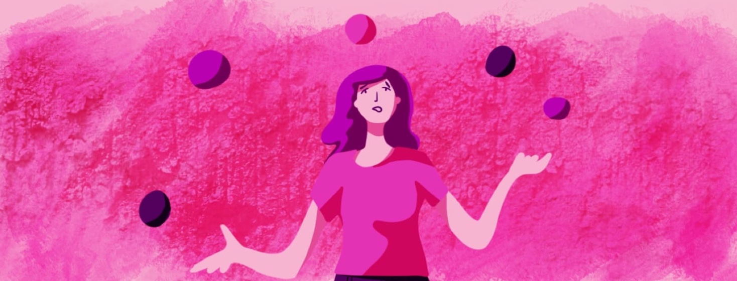 a woman with narcolepsy juggling and looking overwhelmed