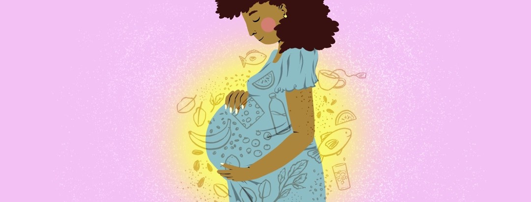 A calm pregnant woman with narcolepsy tenderly holds her stomach with her eyes closed, surrounded by healthy foods, water, and tea