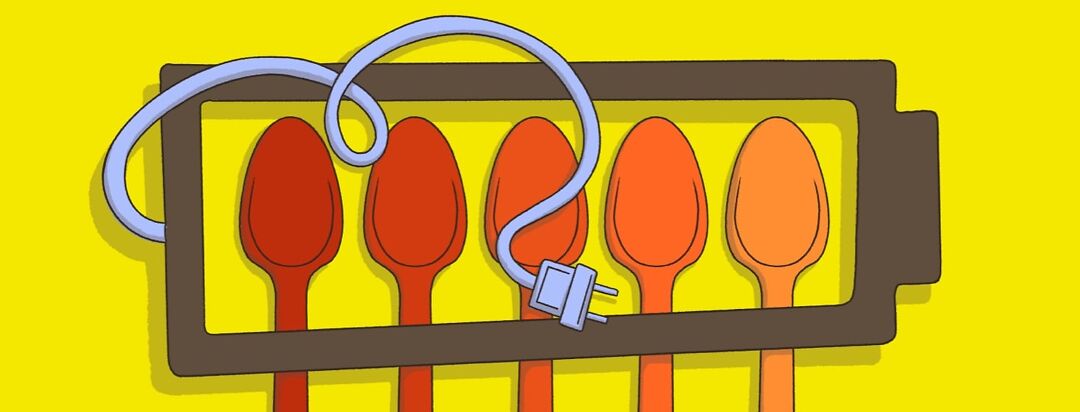A row of five spoons inside an unplugged battery icon.