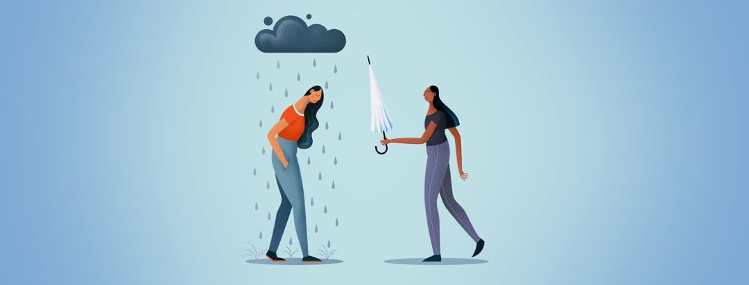 A woman hands an umbrella to a figure with a rain cloud above them