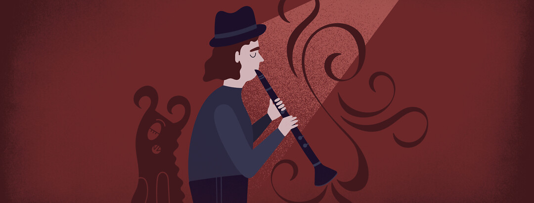 a woman playing a clarinet while a monster sleeps in the dark behind her