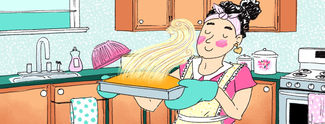 A woman bakes bread in the kitchen smiling