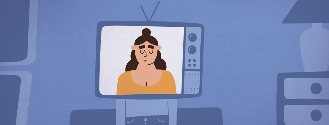 a woman shown in a tv looking sad and tired while her lower body extends into the room around her