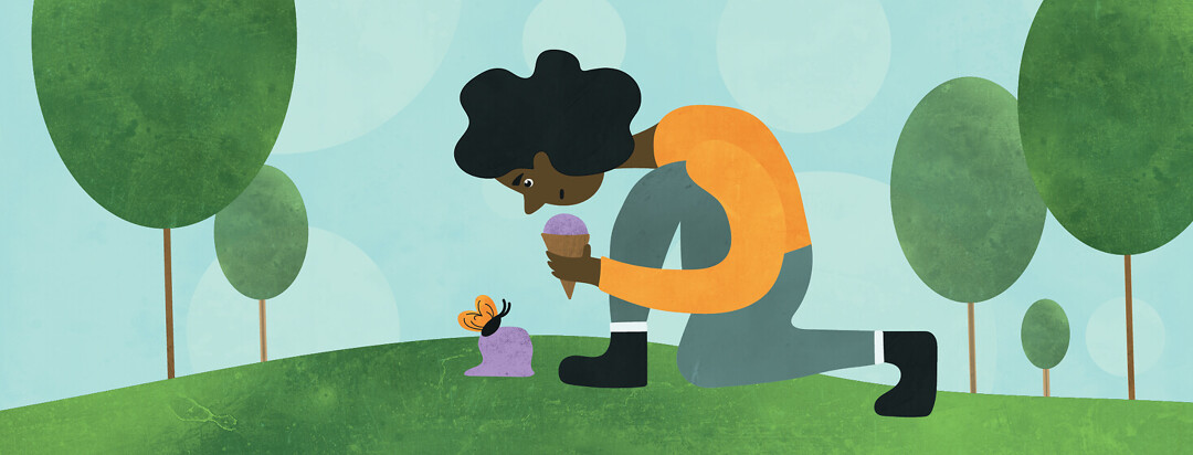 A woman crouched down looking at a butterfly that is perched on her spilled ice cream