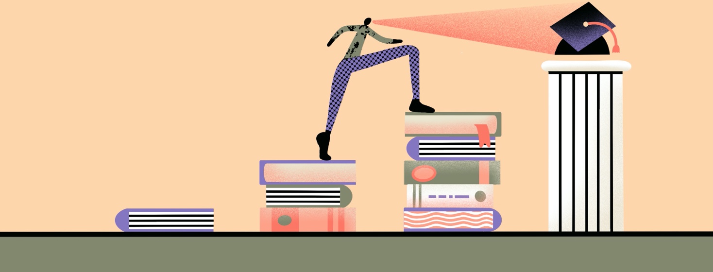 Person is climbing steps of books with their focus on a graduation cap at the top.