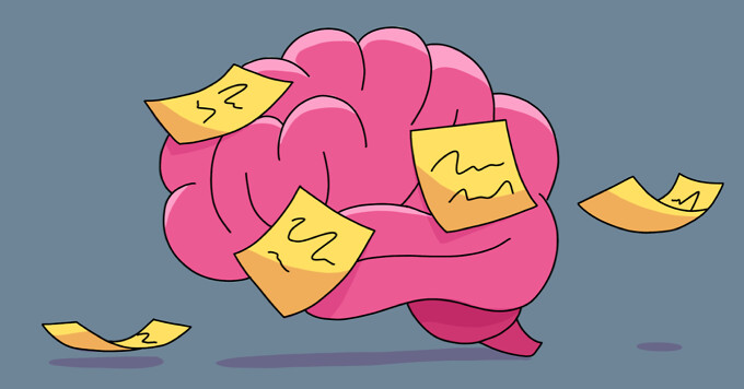 A brain with yellow sticky notes all over it