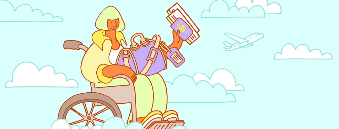 a woman in a wheelchair is floating in the clouds with her passport and bag with an airplane in the sky behind her