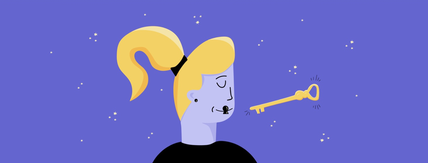 a woman's closed mouth is about to be unlocked by a key