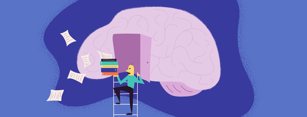 A person climbing up a ladder into a brain, looking distressed as their stack of papers and books blow away from them