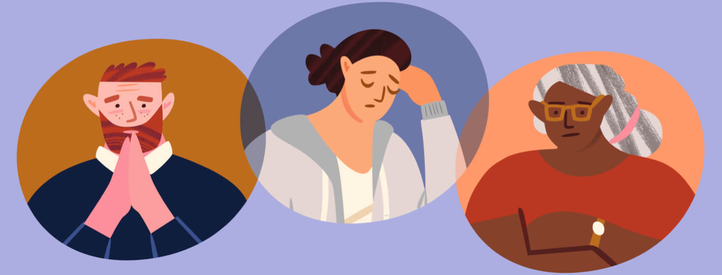 Three people one showing tiredness, disappointment, and pleading