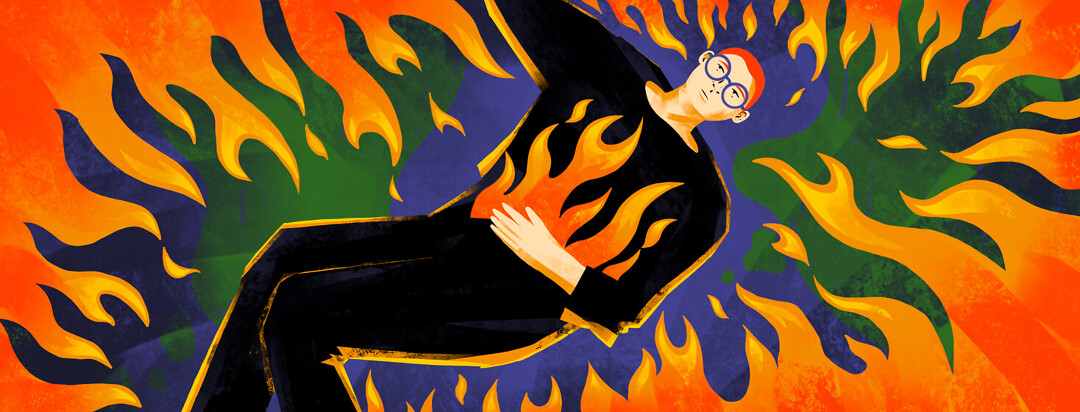 a person laying on globe looking background with flames around them and flames inside them