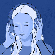 a woman with headphones on with music in the background