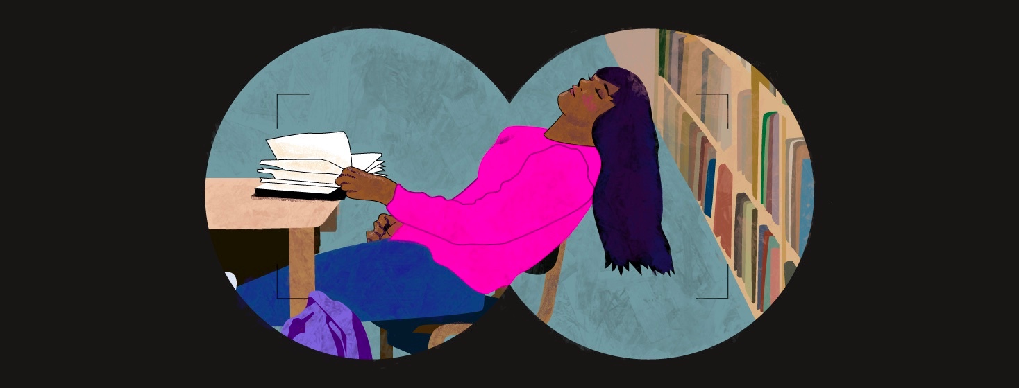 A woman shown through binoculars sleeps in a library