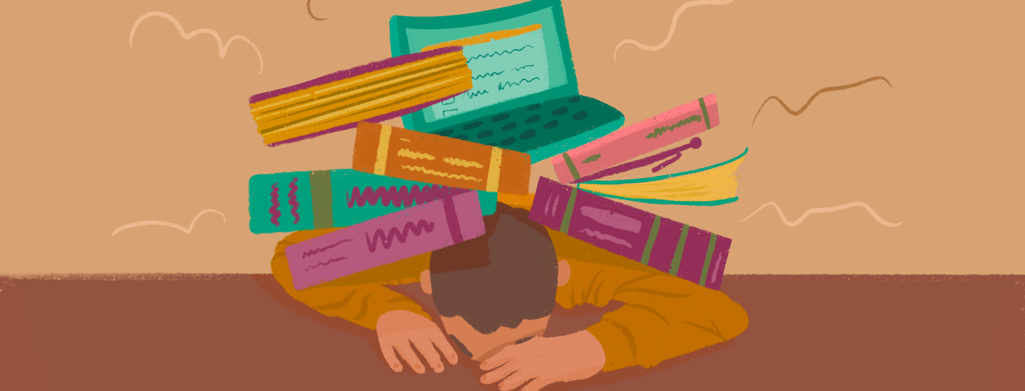 a person laying down on a desk while being crushed by books, pens, papers, and a laptop