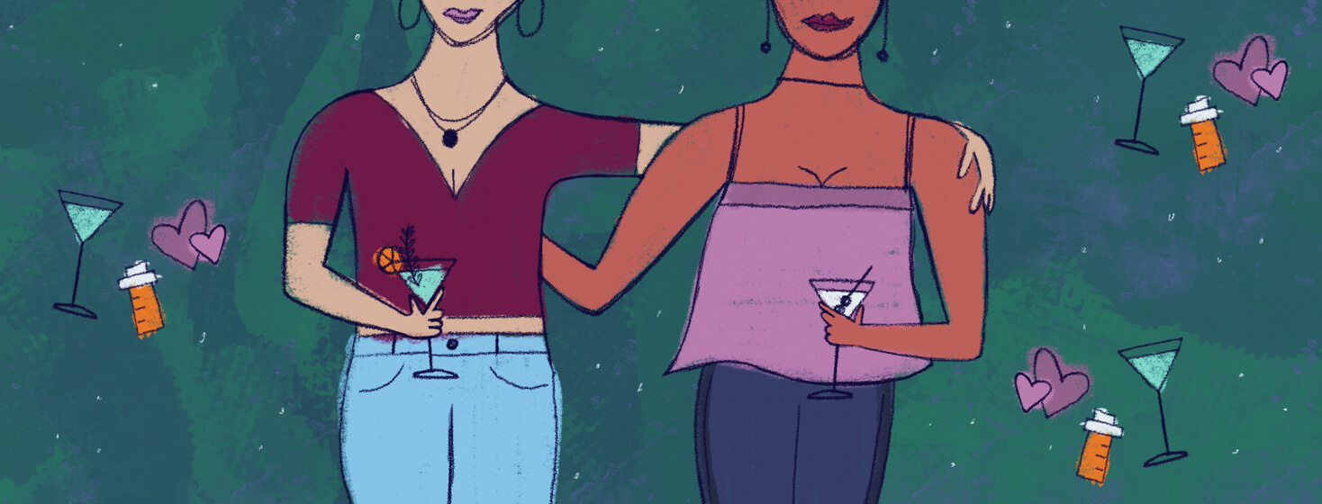 two women holding martinis with their arms around each other while heart, martini, and pill bottle icons float around them