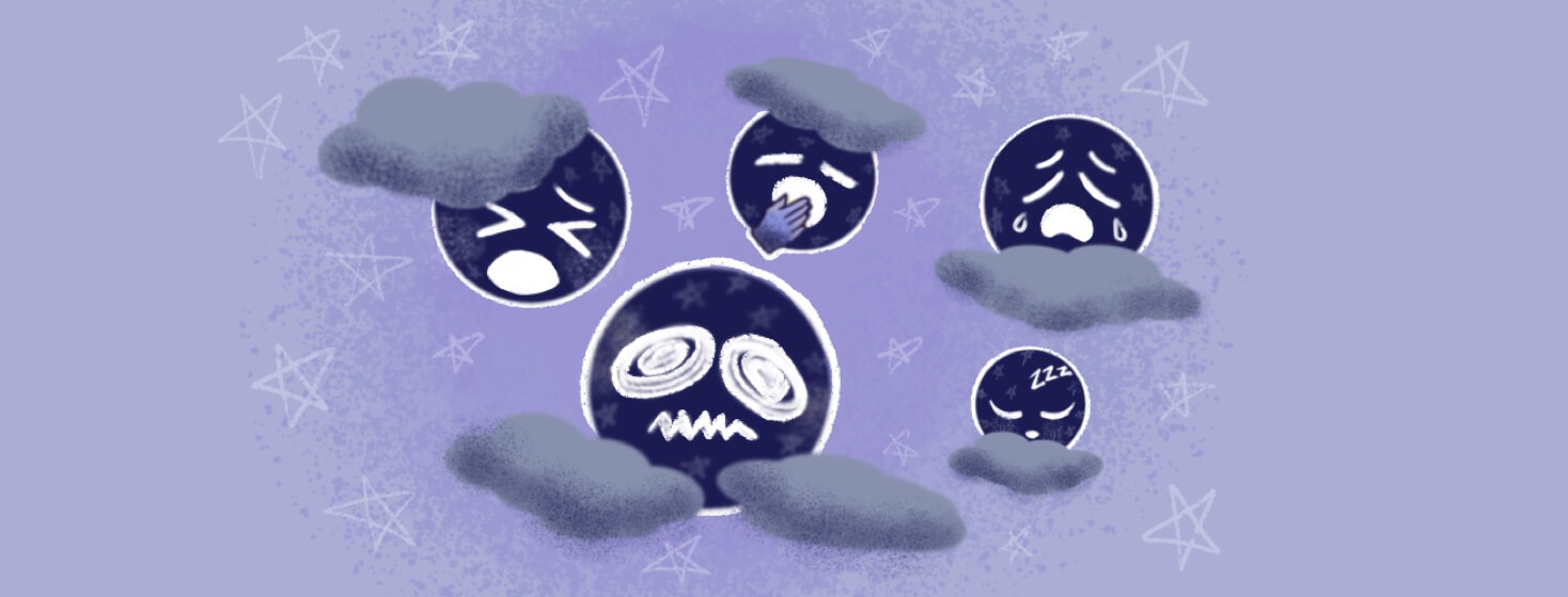 Dark blue emojis with swirly, sleepy, yawning, sad, and weary faces