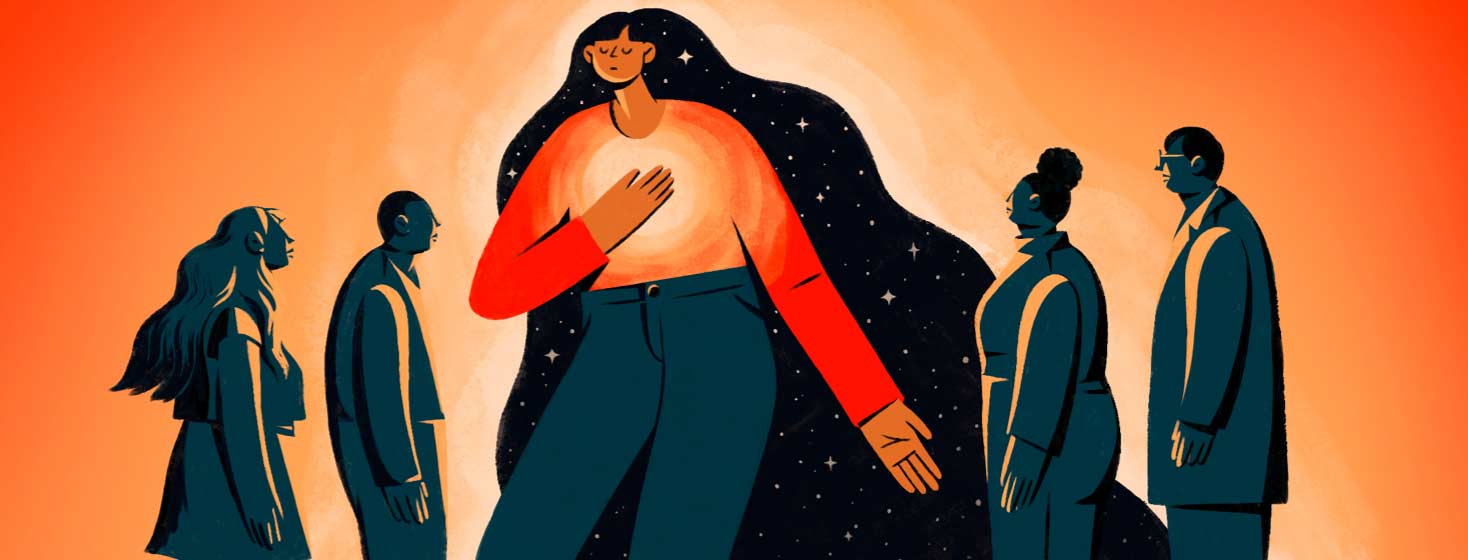 A woman rises with confidence and advocates for herself among her peers and doctors. standing up for yourself, you are valid, validated, strength, advocacy adult Latinx female, adult male, adult Black female