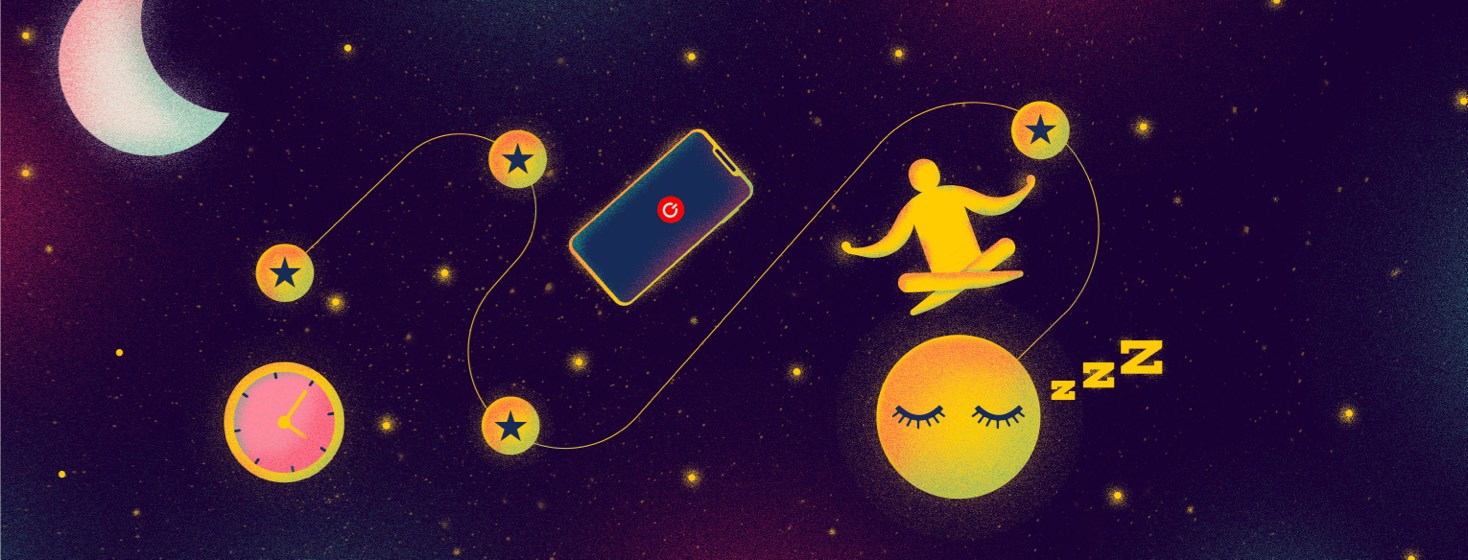 A path winding between a clock face, a phone screen with a power off symbol, a seated person meditating, and a sleepy face emoji, all in front of a starry night sky.