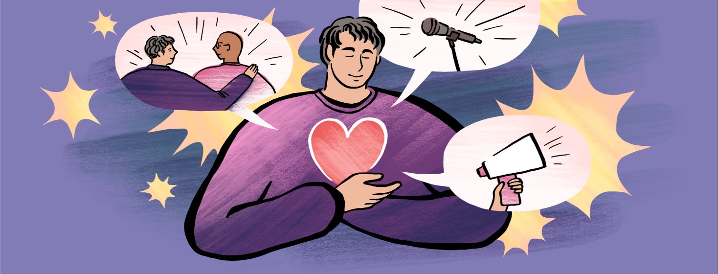 A man with a peaceful face cradling a heart in his arms, surrounded by speech bubbles filled with a megaphone, a microphone, and the same man with his arm around the shoulder of another.