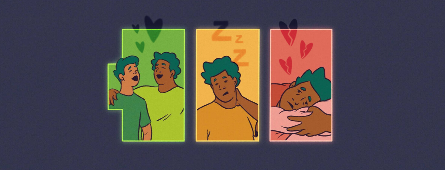 a couple looking happy in the green part of a battery, then one of the people looking tired in a yellow section of the battery, and finally the same person looking sad alone on their pillow with broken hearts above them in the red part of the battery