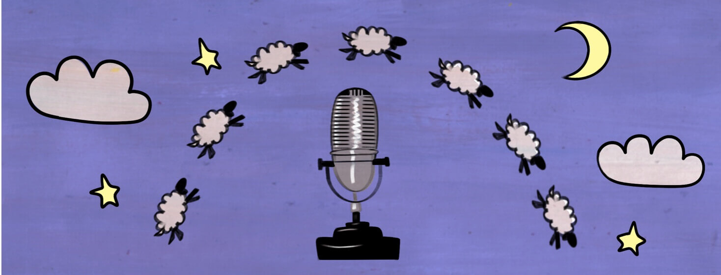 A podcast microphone is surrounded by flying sheep at night