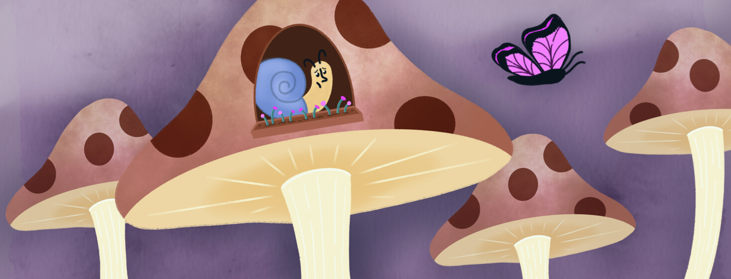 a snail sits looking sadly out of a window in his mushroom house at a free butterfly passing by