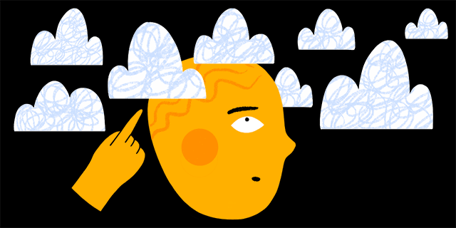 A person surrounded by clouds looking around and pointing in different directions
