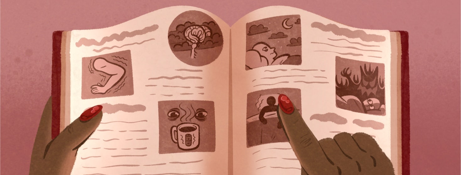 A book is being held in one hand, with the other hand pointing out an illustration on it to the viewer. There are several illustrations on the book all concerning sleep and energy.
