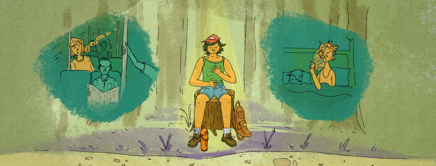 Person sitting on a stump in the woods happily meditating with a scene of them sleeping on a bus and awake at night to the left and right