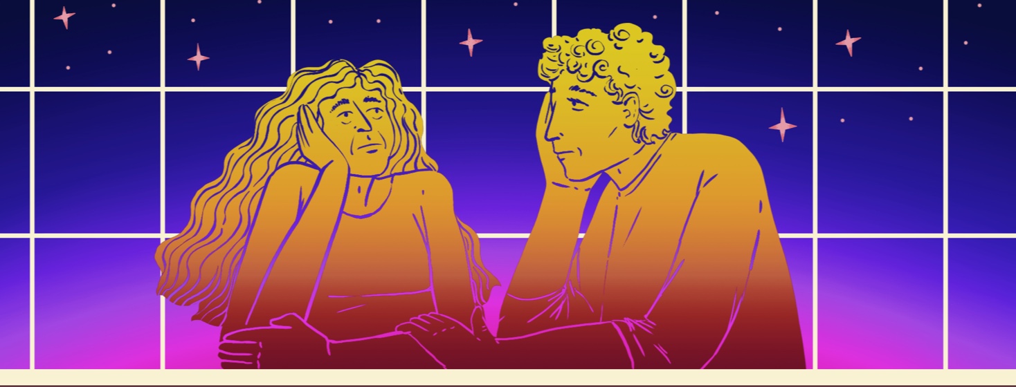 Two people sit together looking exhausted and concerned. They are sitting in front of a window showing a twilight sky and their own coloring mimics the twilight colors.