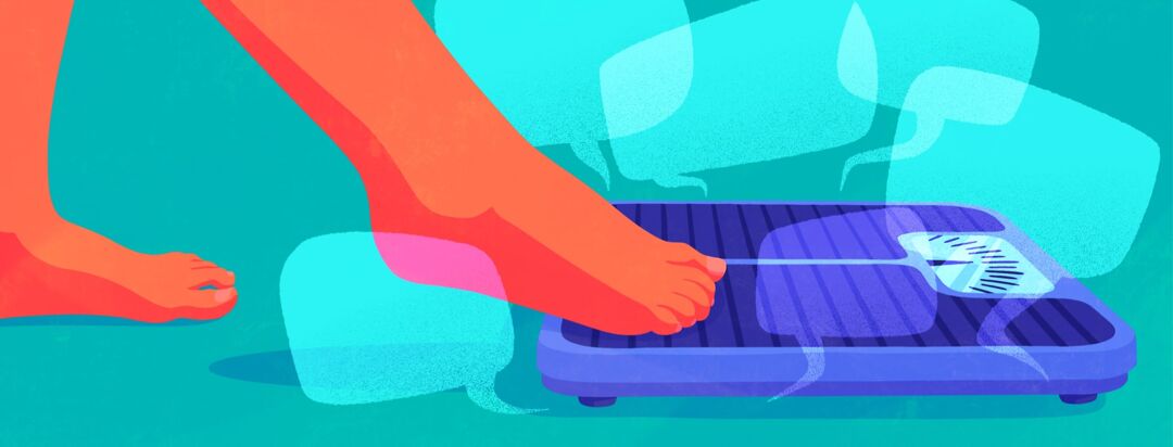 A foot timidly steps onto a bathroom scale while multiple speech bubbles emerge from underneath