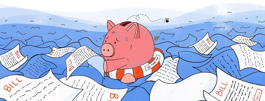 An ocean of bills surrounds a stressed our piggy bank.