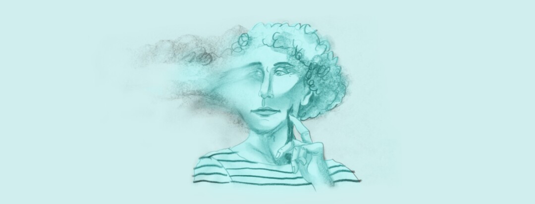 A pencil drawing of a woman with a fuzzy, foggy head, where half of her face is blurring and fading away in a cloud of smoke