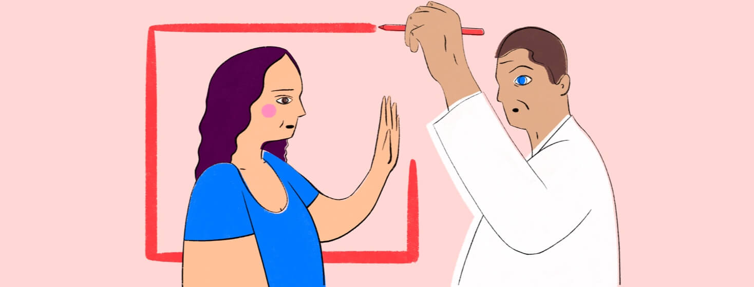 A doctor draws a box around his frustrated patient as she raises a hand, speaks and tries to stop him