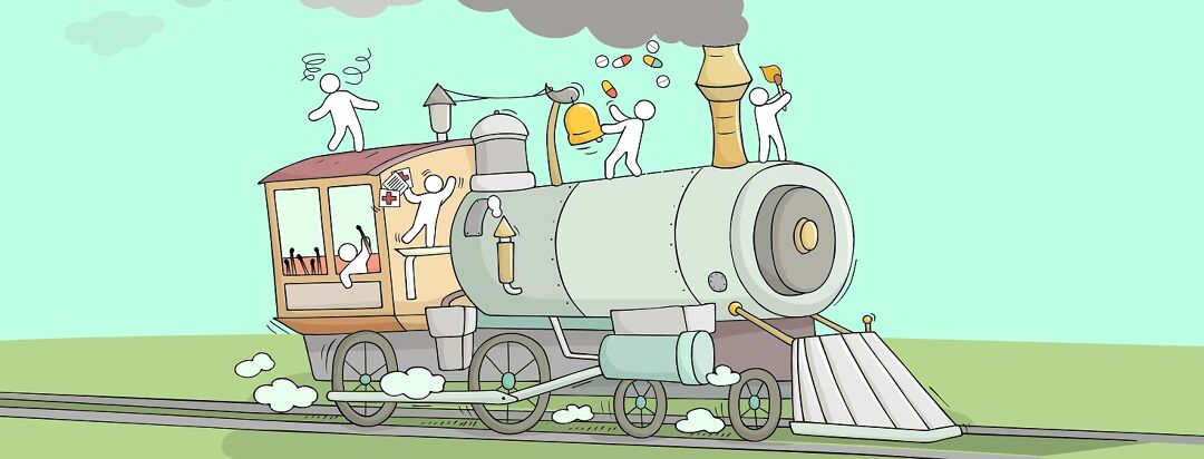 Little people doing wild, dangerous things on a moving train engine, juggling pills, and burnout