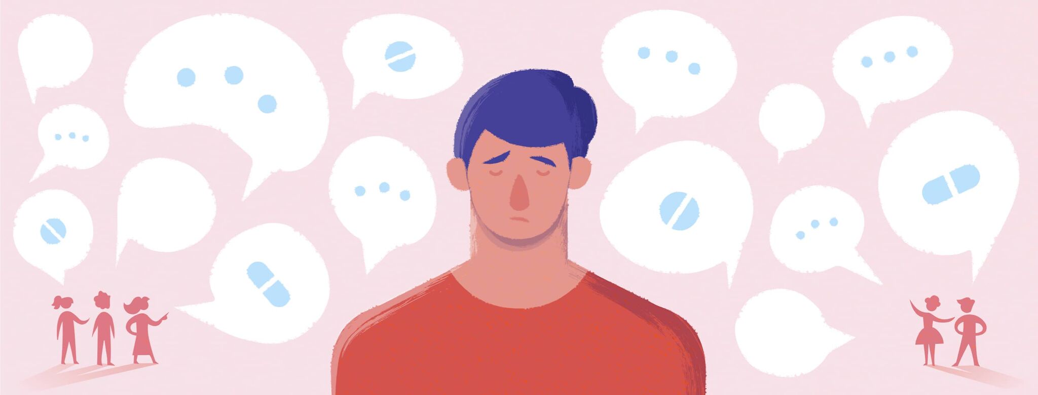 A sad looking man surrounded by speech bubbles, with medication and conversation dots in them, coming from several people in the background