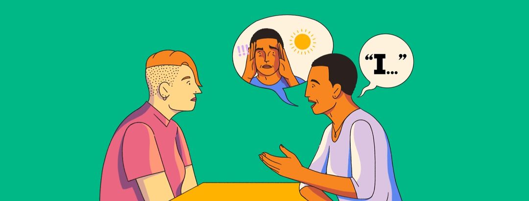 A person with speech bubbles above their head talking at a table to another person