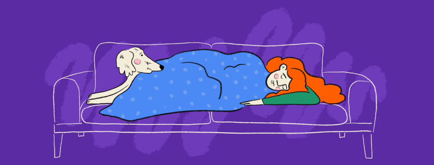 Person taking a nap on the couch with their dog looking at them with a concerned expression.