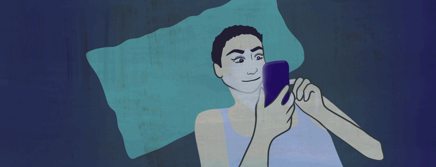 A person with short hair rests in bed at night scrolling through her phone expressing mixed emotions, heart-eyed emojis and hearts float from the phone.