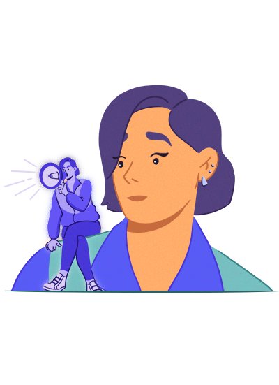 Illustration of a woman with a miniature version of herself speaking through a megaphone, representing internal strength and advocacy.