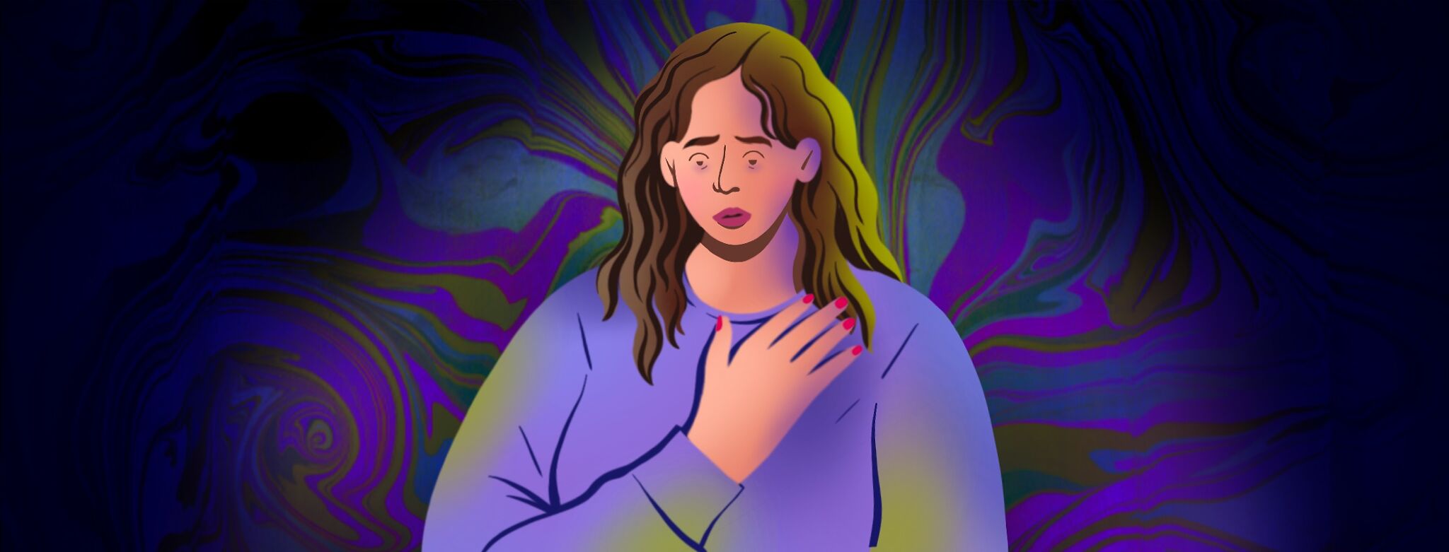 An illustration of a woman looking distressed with a hand pressed against her chest as swirling purple and green waves envelop her, giving way to a creeping darkness coming in from the corners, serving as a visual metaphor for the sudden, uncontrollable onset of a severe type 1 narcolepsy sleep attack and the helplessness of experiencing an unpreventable neurological episode.