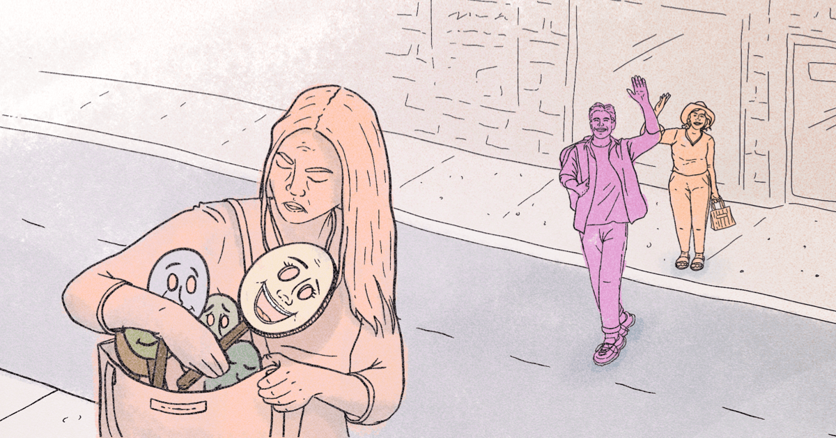 A woman reaching in her purse to select a mask while someone waves at them from afar.